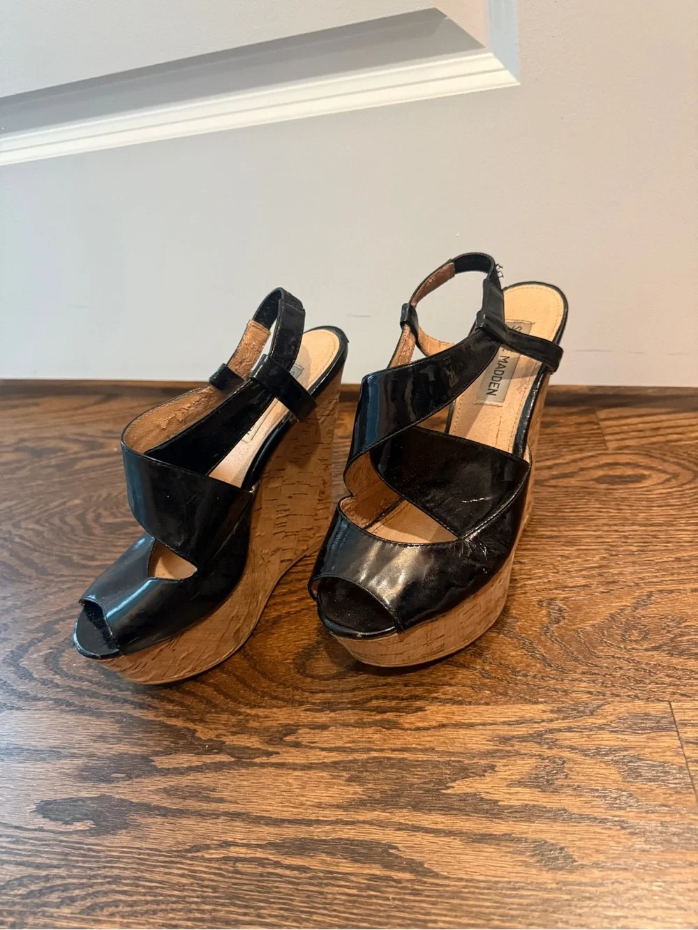 Steve Madden Black Patent Cork Wedge Sandals - Crisscross Slingback